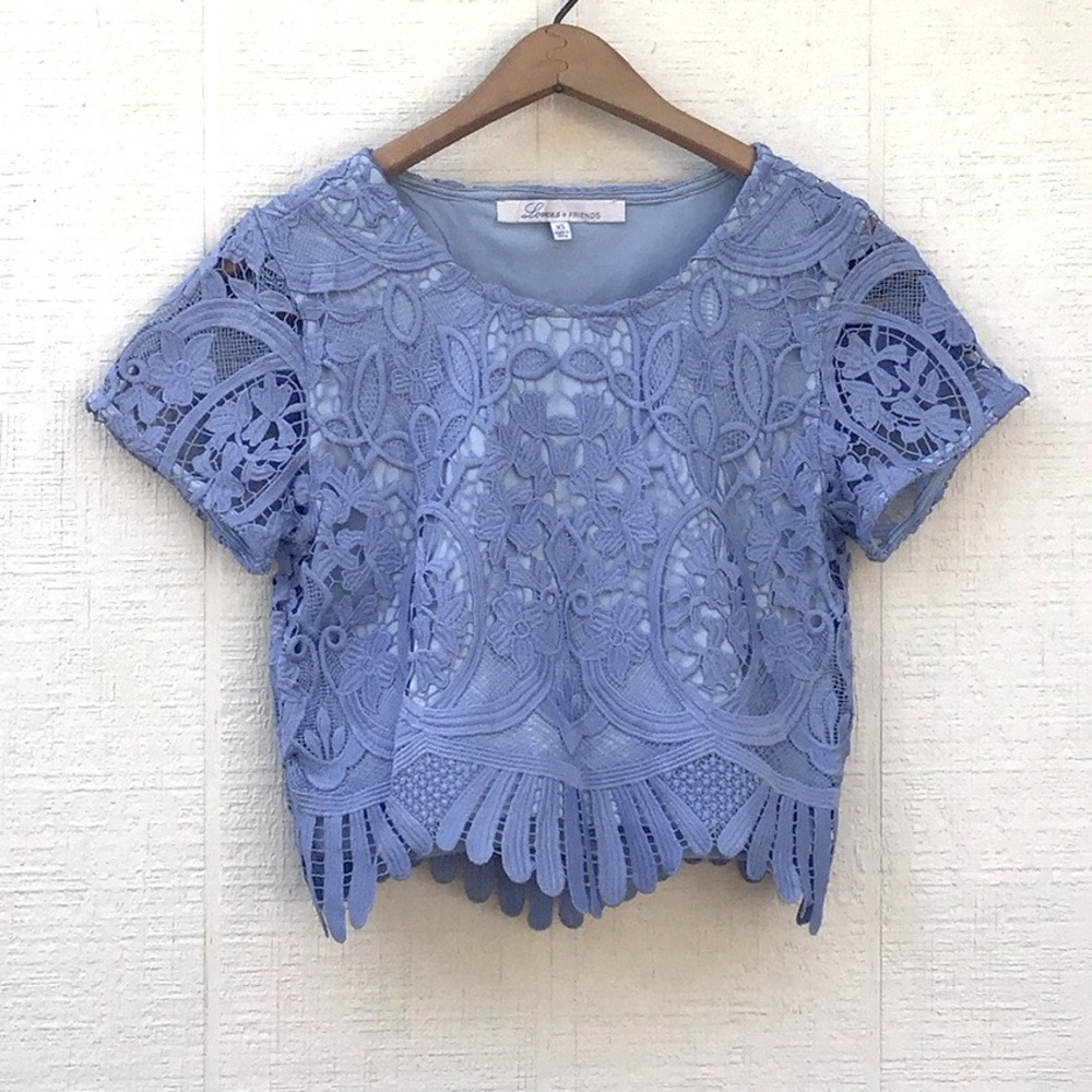 Lovers + Friends lace Daycation crochet scalloped light blue Crop top Blouse